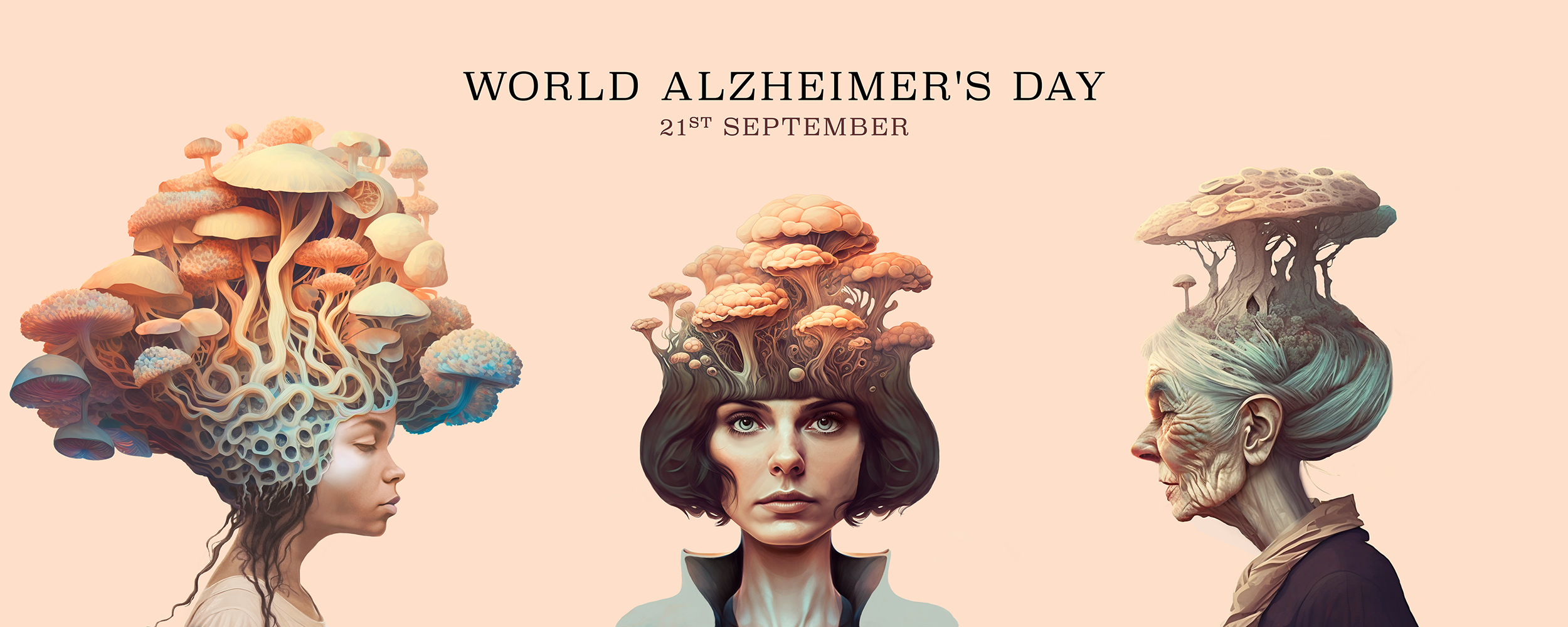 World Alzheimer's Day billboard picturing a child, an adult woman and an old lady with different stages of cognitive impairments