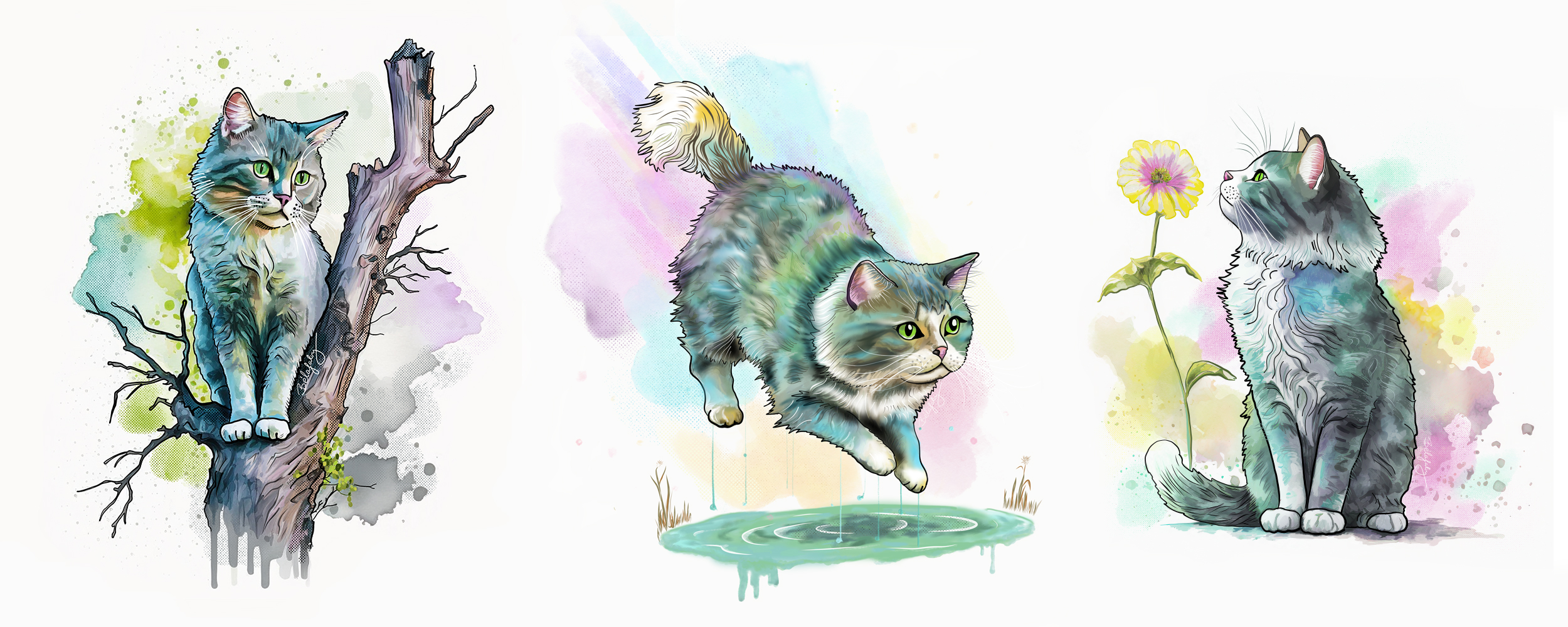 Ipad illustration of three cats. Watercolour style.