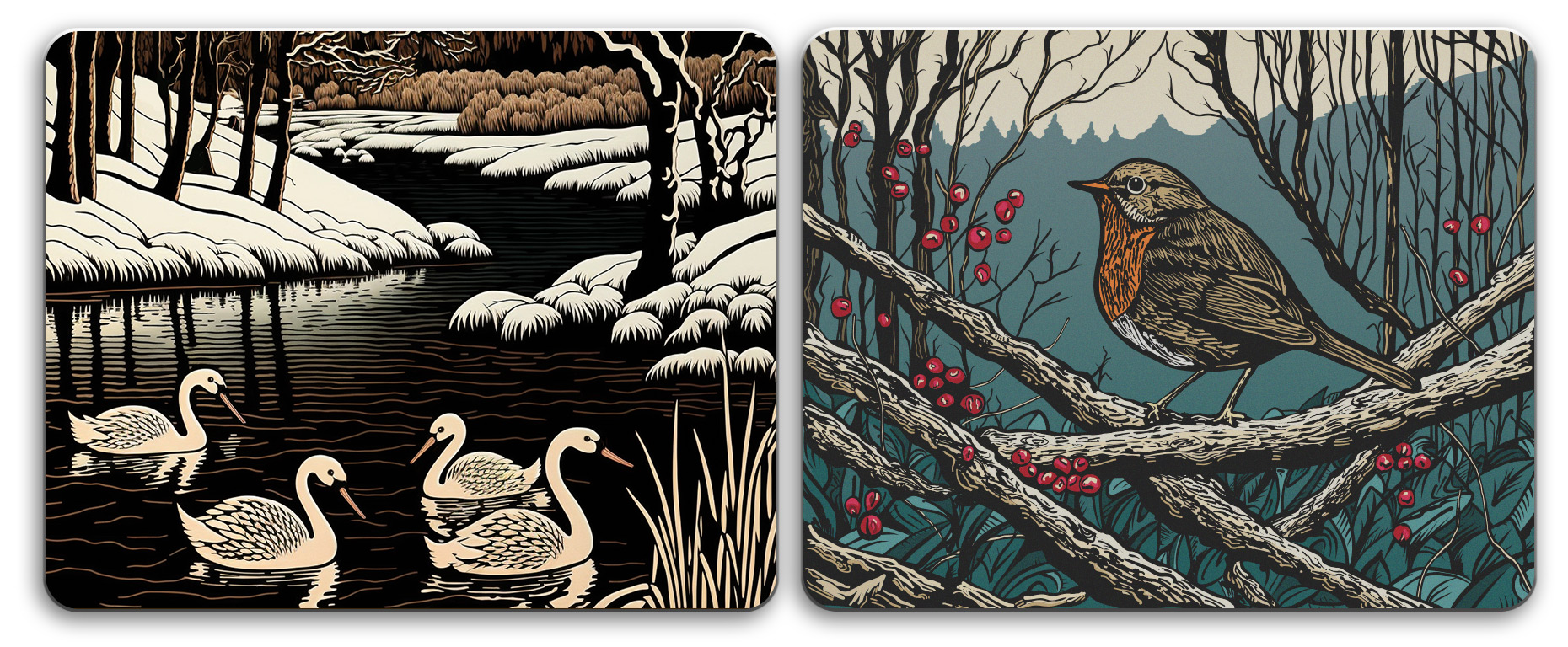 Ipad drawing of a group of swans on a lake during winter and a robin on a tree surrounded by red berries.