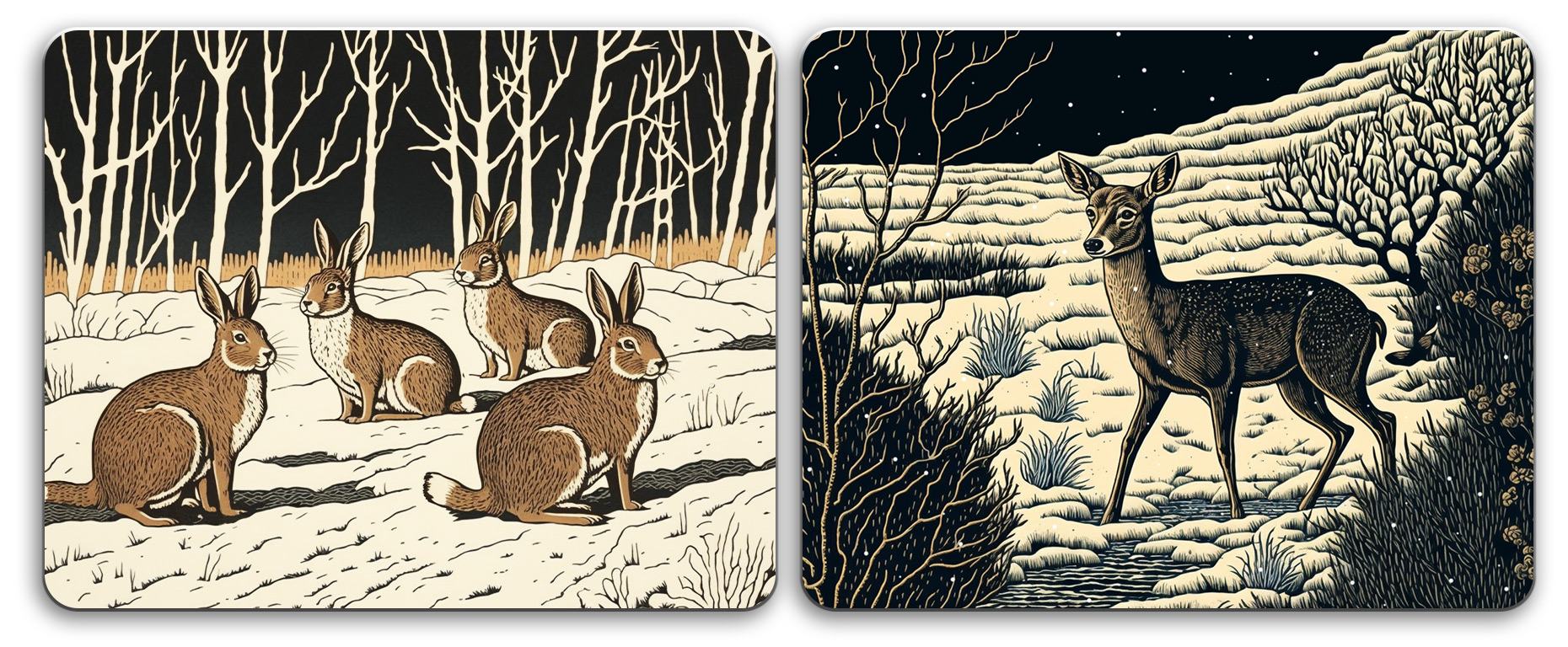 Ipad drawing of a group of rabbits on a snowy field and a deer crossing a small stream between the bushes in the snow.